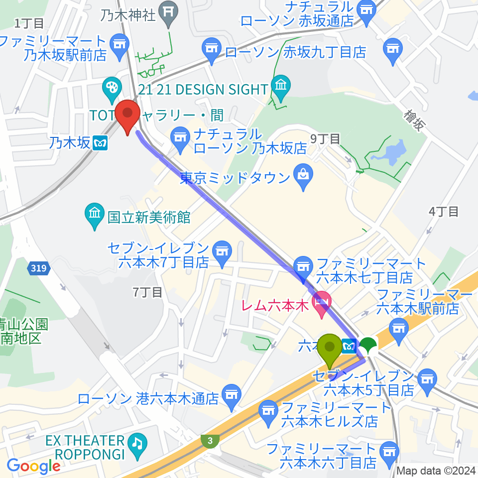 六本木駅からMONSTER STUDIO 乃木坂へのルートマップ地図
