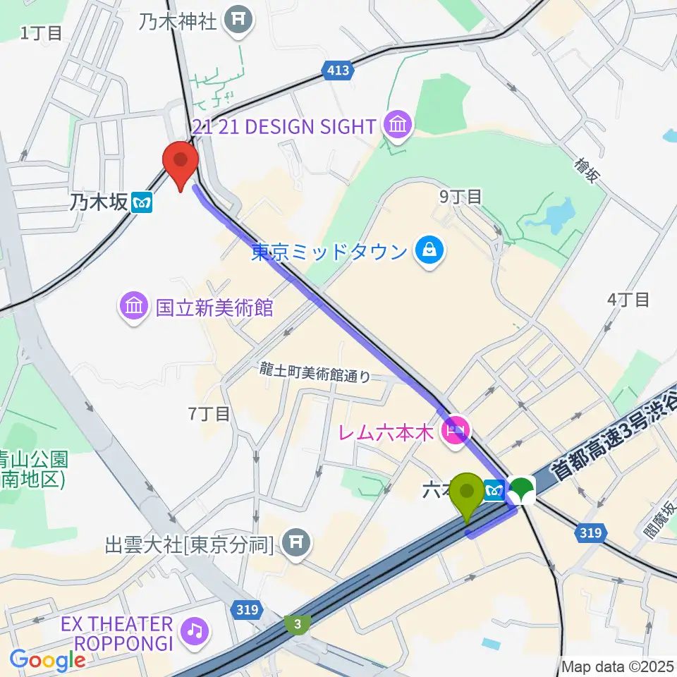 六本木駅からMONSTER STUDIO 乃木坂へのルートマップ地図