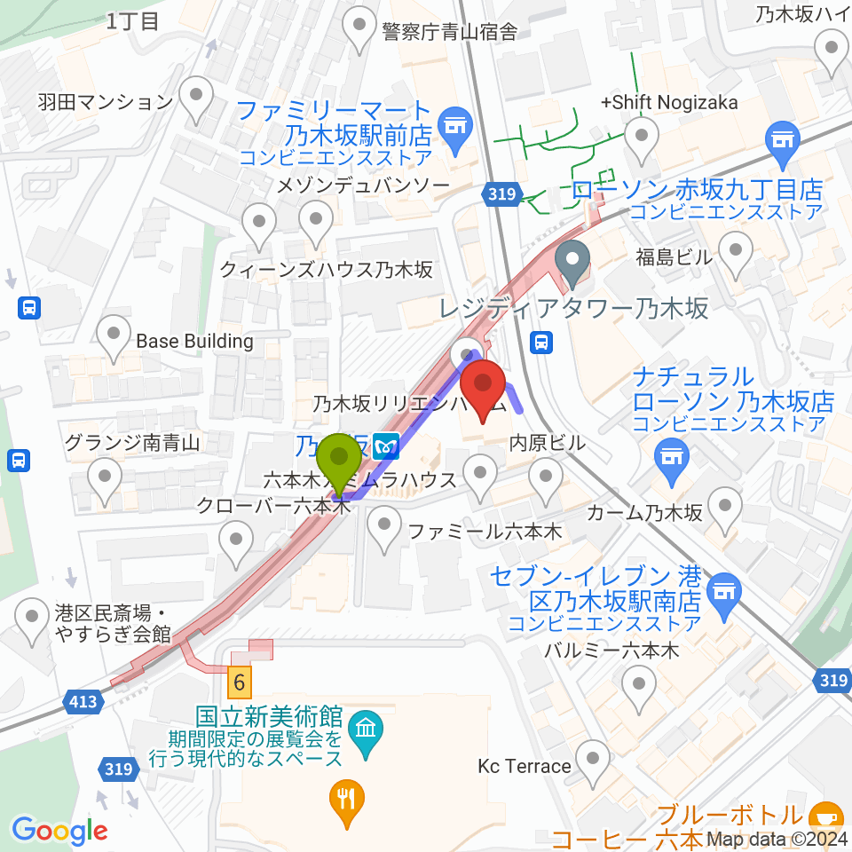 MONSTER STUDIO 乃木坂の最寄駅乃木坂駅からの徒歩ルート（約1分）地図