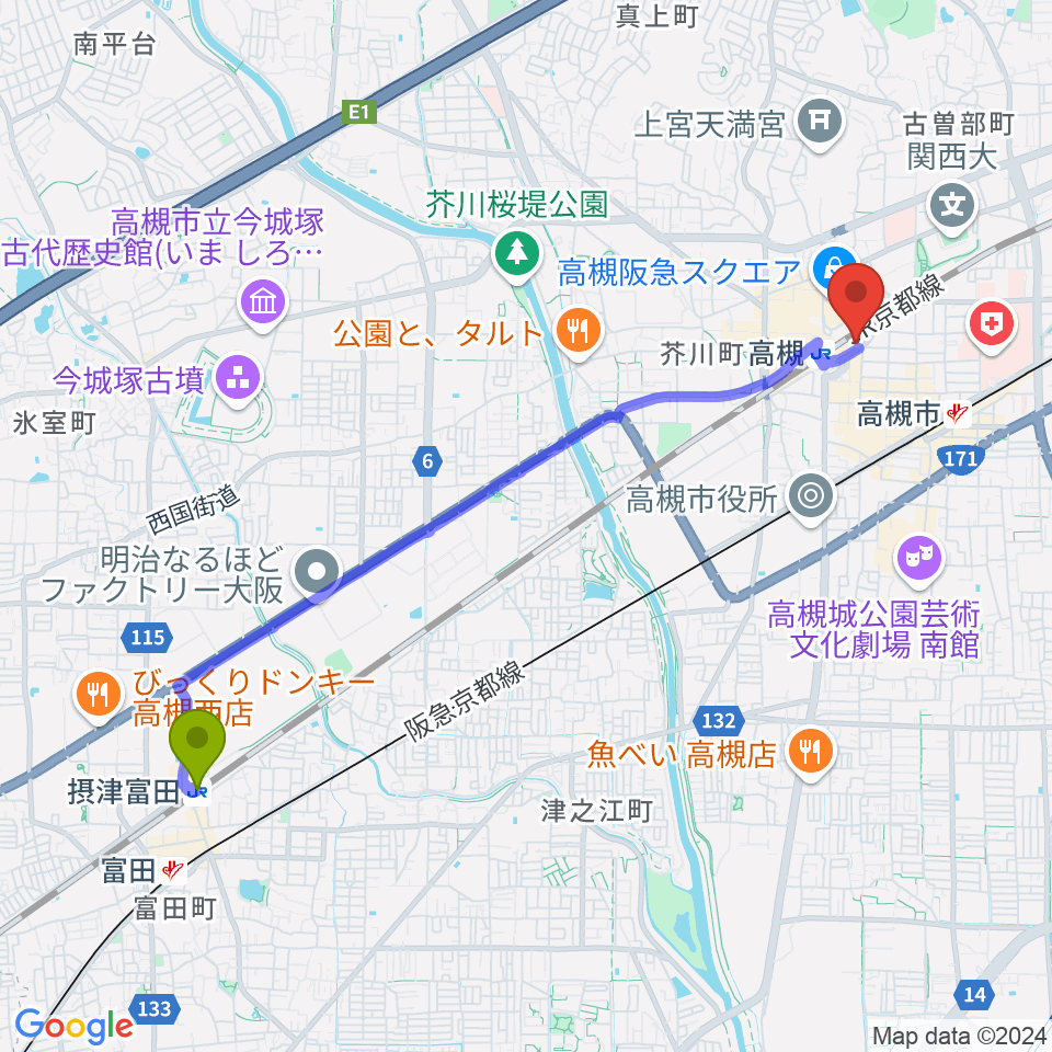 摂津富田駅からクロスパル高槻へのルートマップ地図