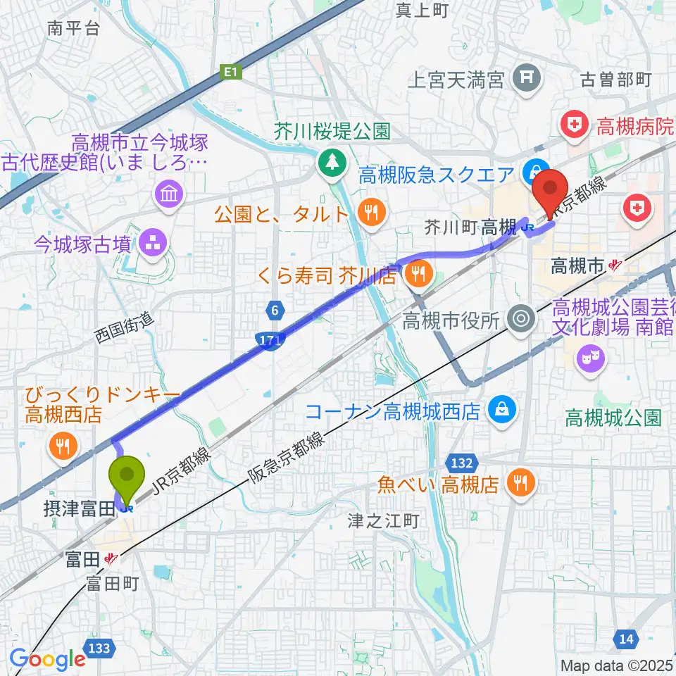 摂津富田駅からクロスパル高槻へのルートマップ地図