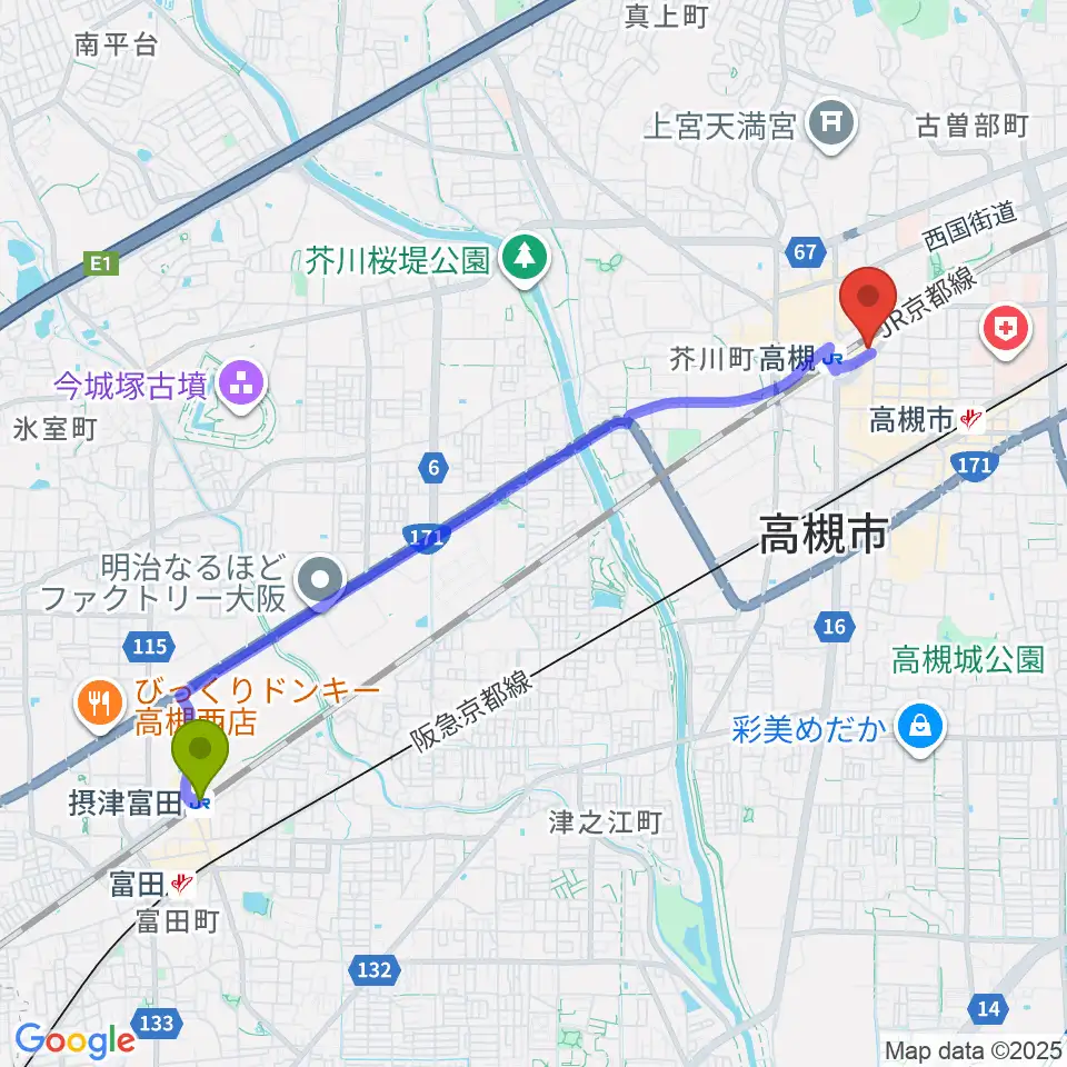 摂津富田駅からクロスパル高槻へのルートマップ地図