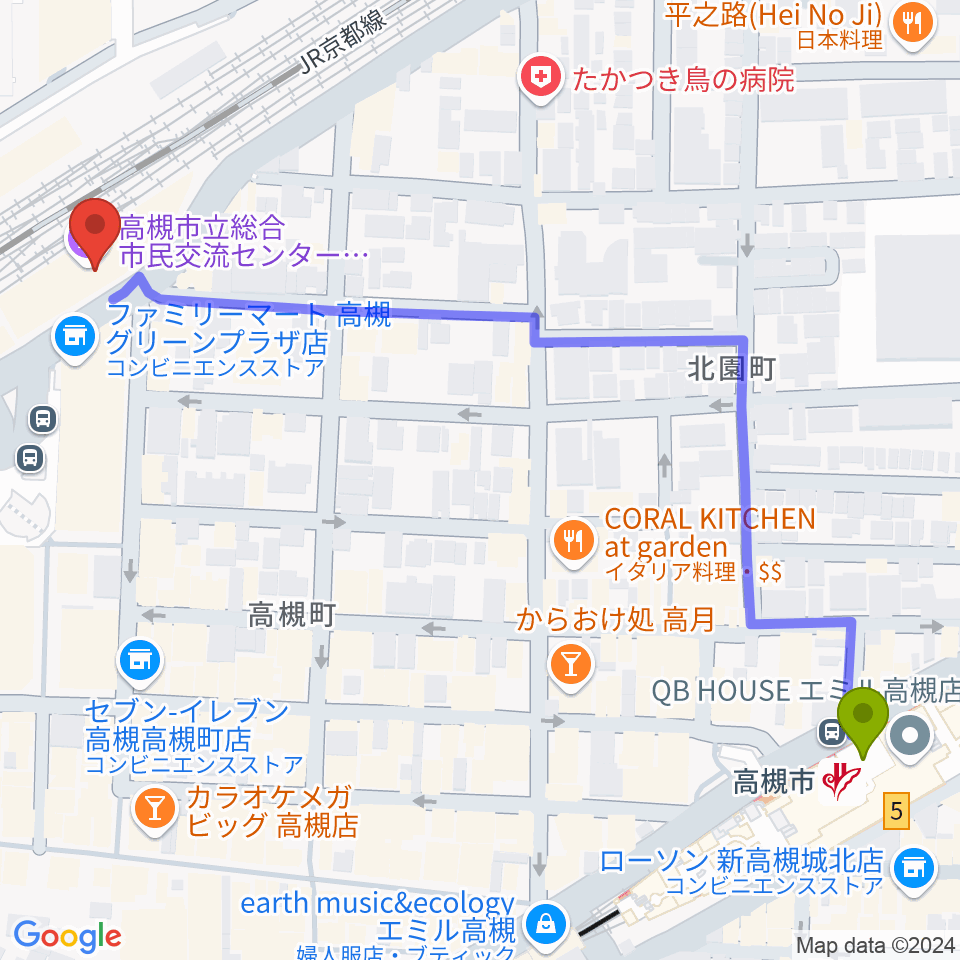 高槻市駅からクロスパル高槻へのルートマップ地図