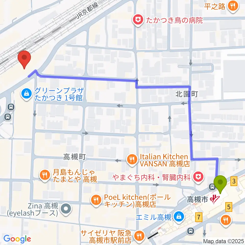 高槻市駅からクロスパル高槻へのルートマップ地図