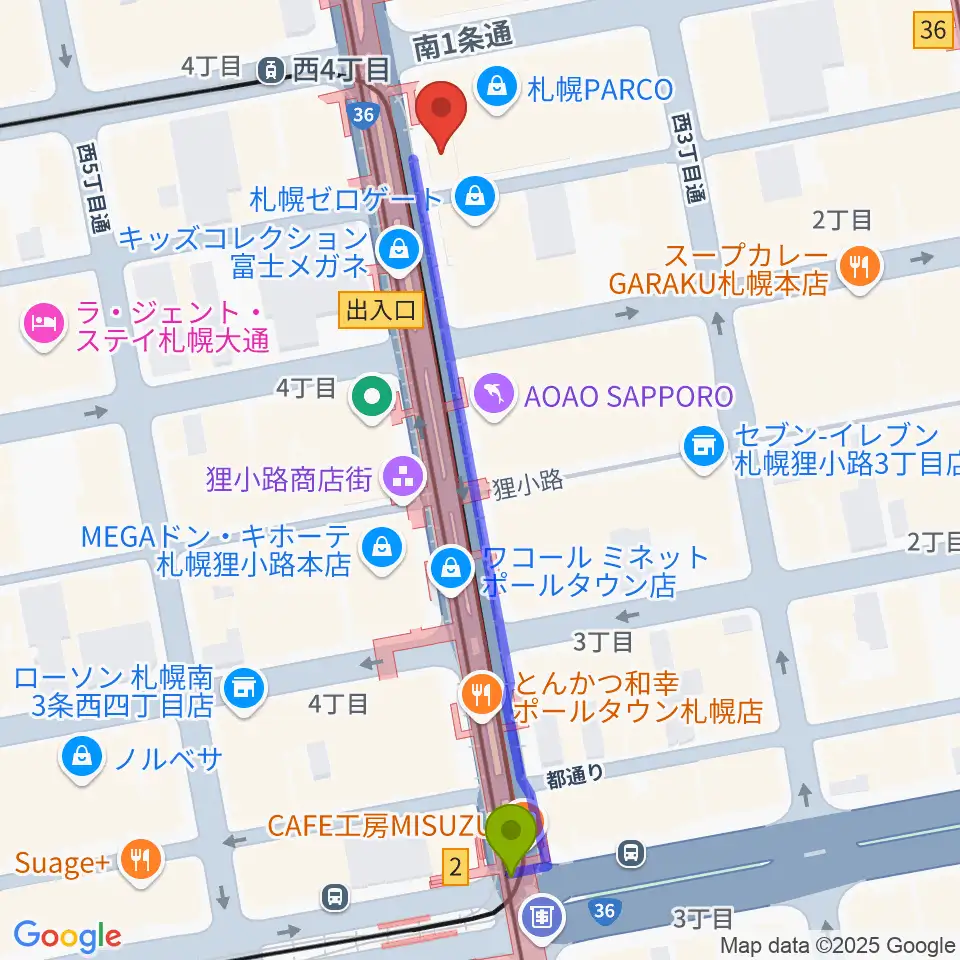 すすきの駅から島村楽器 札幌パルコ店 へのルートマップ地図