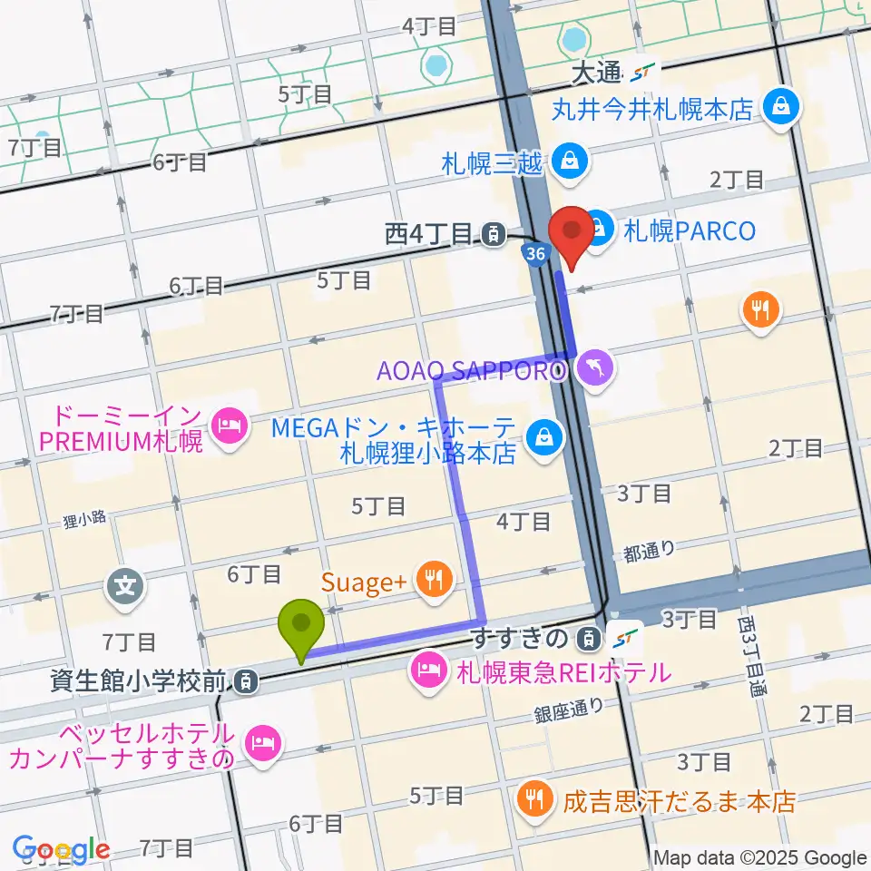 資生館小学校前駅から島村楽器 札幌パルコ店 へのルートマップ地図