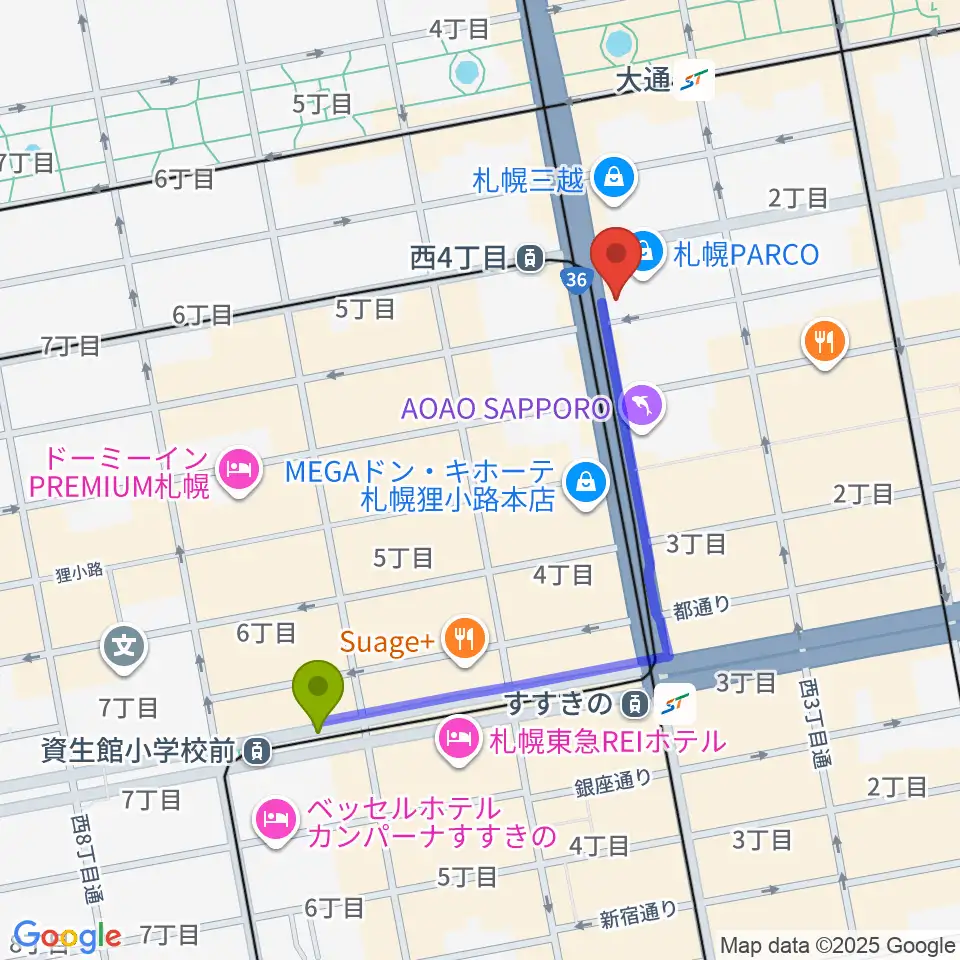 資生館小学校前駅から島村楽器 札幌パルコ店 へのルートマップ地図
