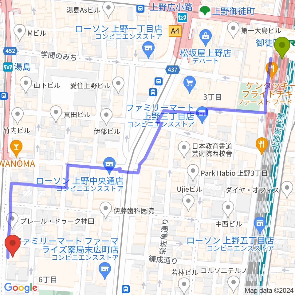 御徒町駅からパンダスタジオ秋葉原へのルートマップ地図