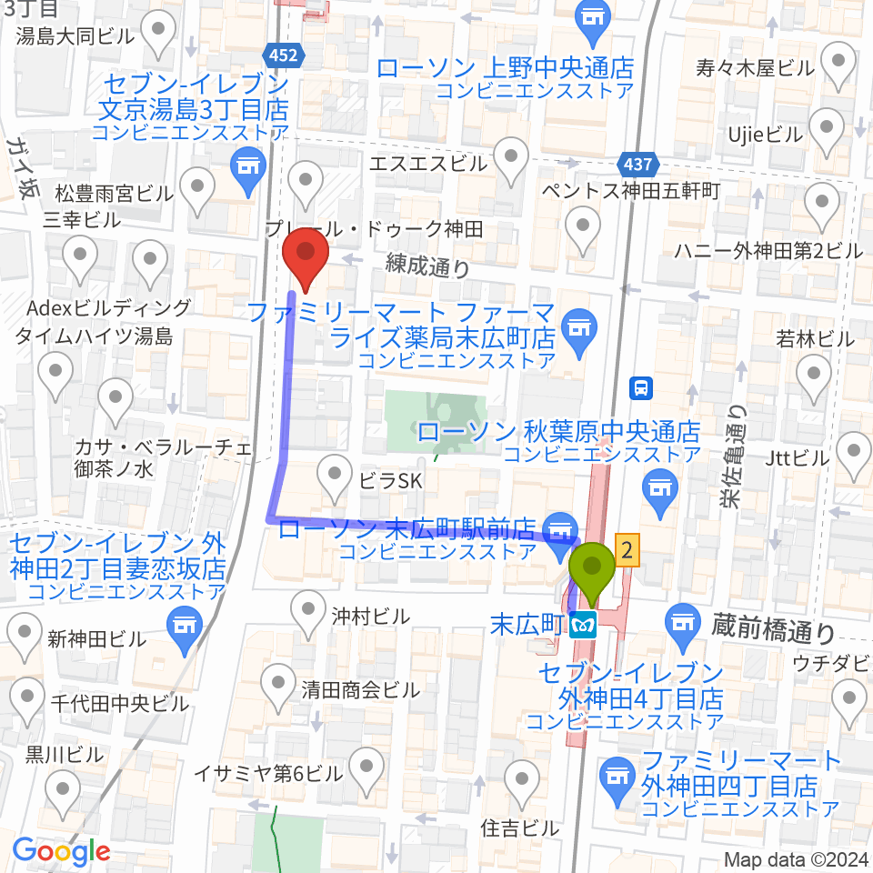 パンダスタジオ秋葉原の最寄駅末広町駅からの徒歩ルート（約4分）地図