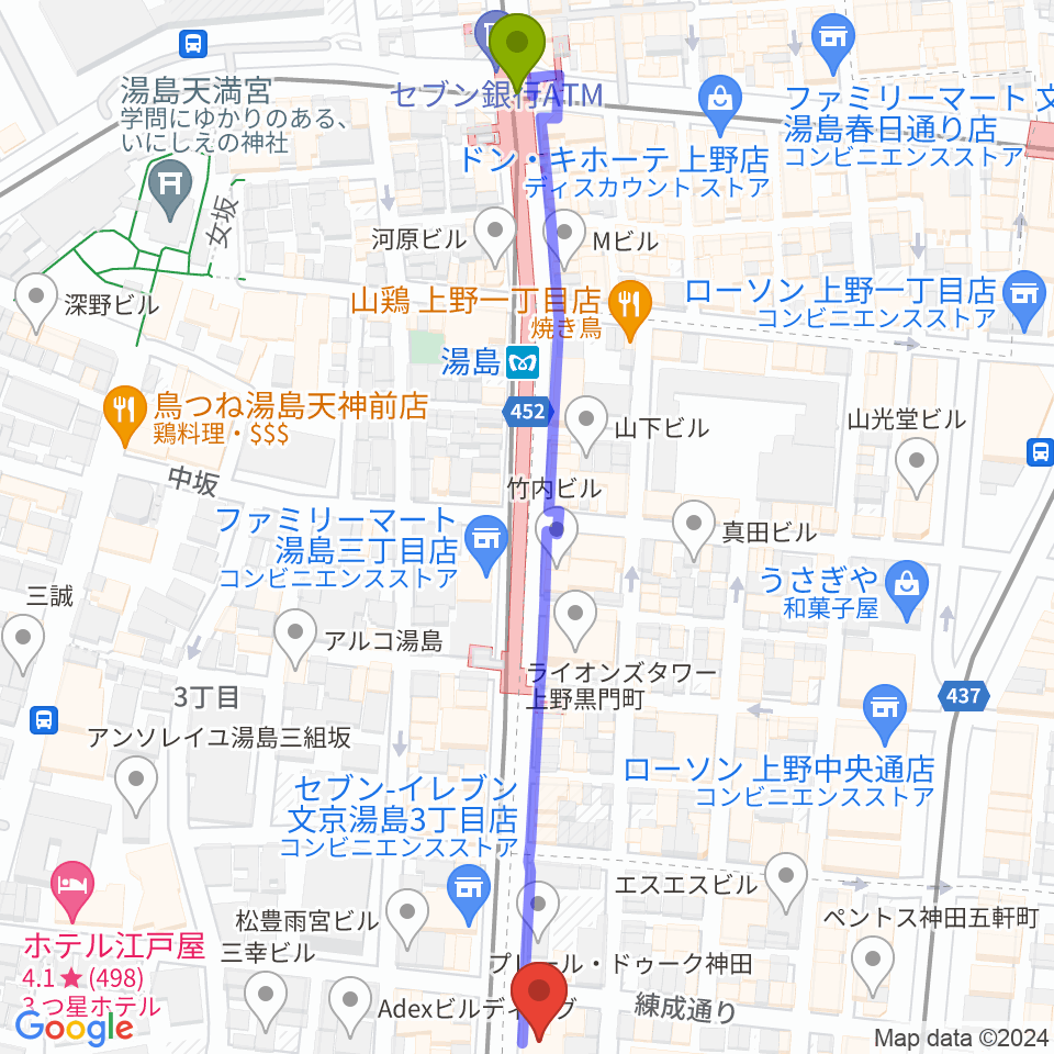 湯島駅からパンダスタジオ秋葉原へのルートマップ地図