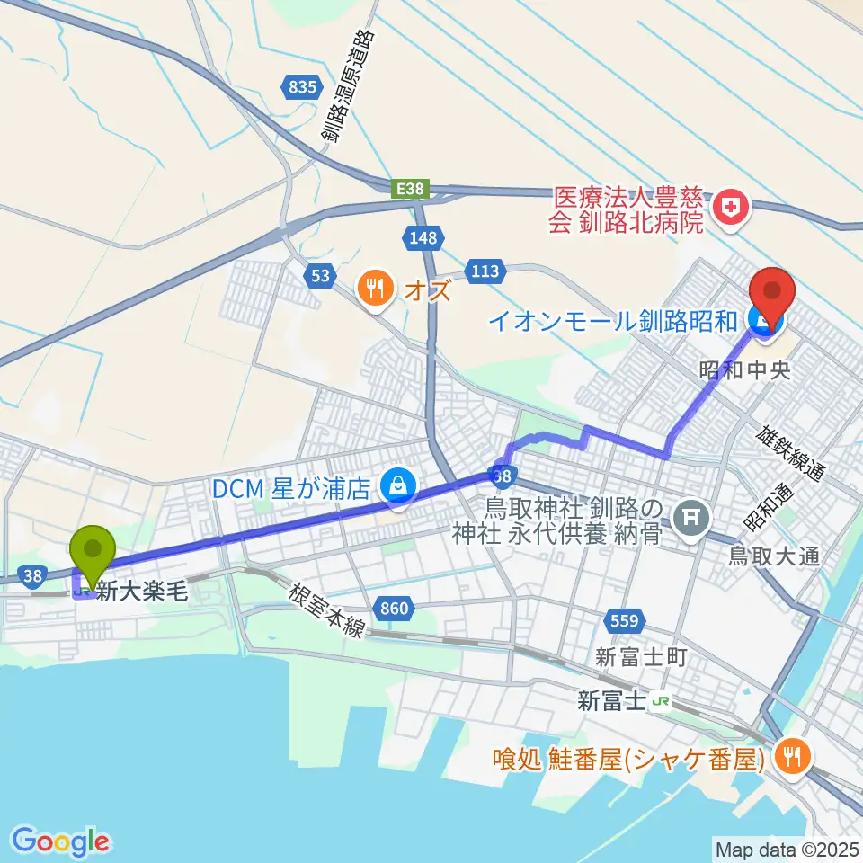 新大楽毛駅から島村楽器 イオンモール釧路昭和店へのルートマップ地図