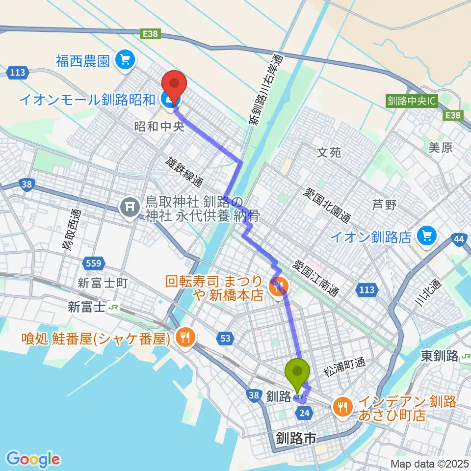 釧路駅から島村楽器 イオンモール釧路昭和店へのルートマップ地図