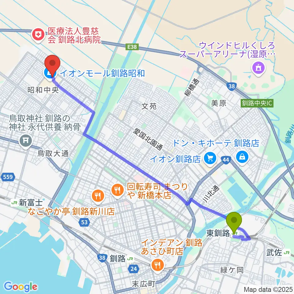 東釧路駅から島村楽器 イオンモール釧路昭和店へのルートマップ地図