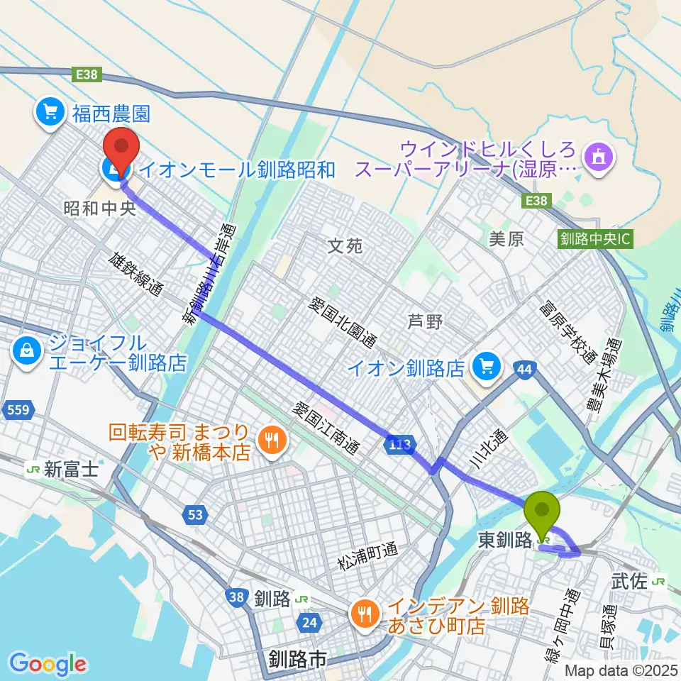 東釧路駅から島村楽器 イオンモール釧路昭和店へのルートマップ地図