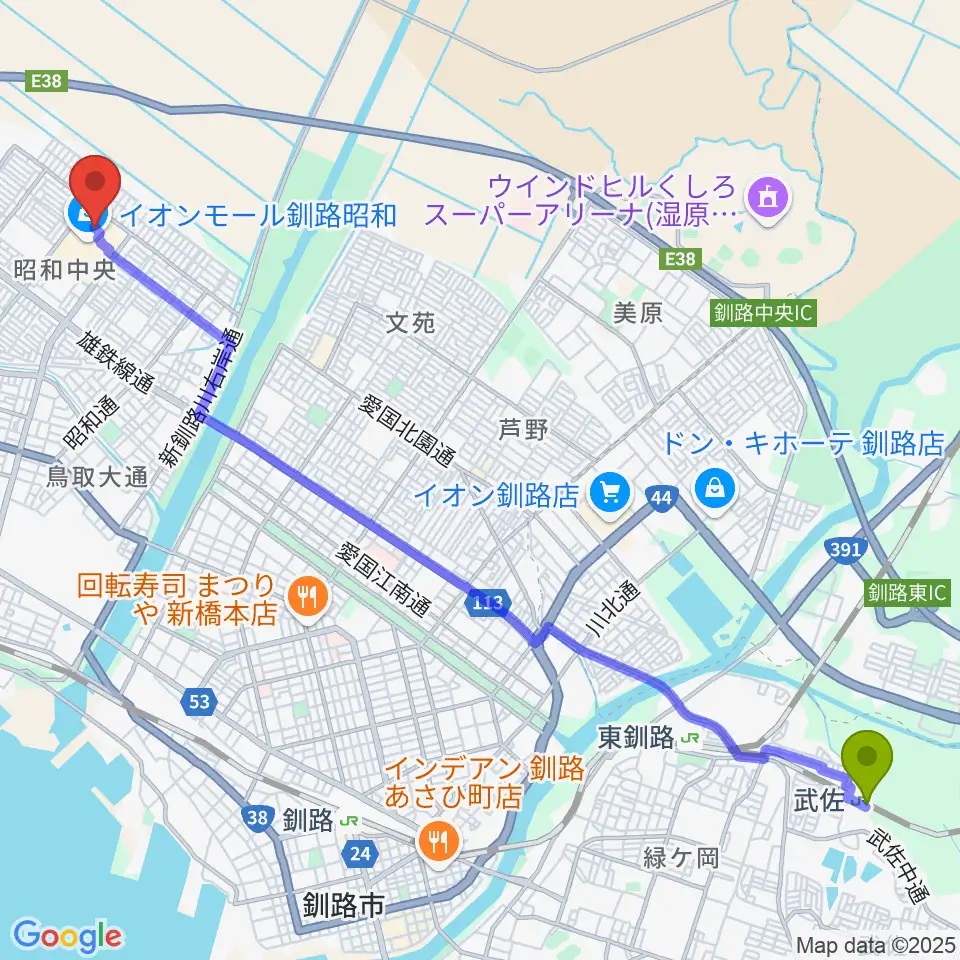 武佐駅から島村楽器 イオンモール釧路昭和店へのルートマップ地図