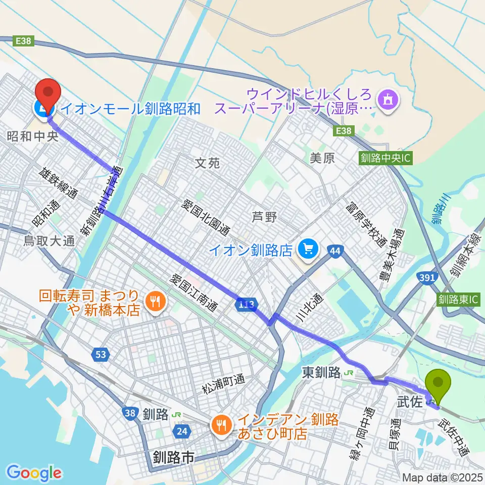武佐駅から島村楽器 イオンモール釧路昭和店へのルートマップ地図