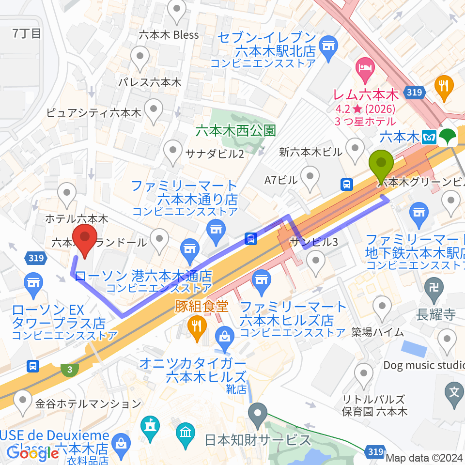 クロスコ六本木スタジオの最寄駅六本木駅からの徒歩ルート（約5分）地図