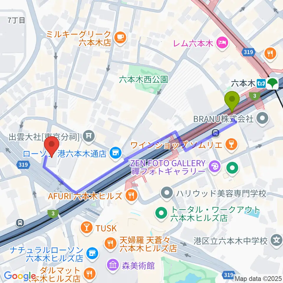 クロスコ六本木スタジオの最寄駅六本木駅からの徒歩ルート（約5分）地図