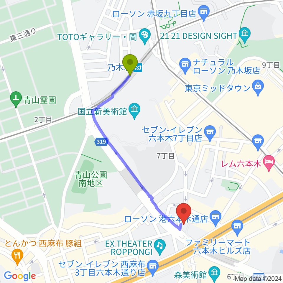 乃木坂駅からクロスコ六本木スタジオへのルートマップ地図