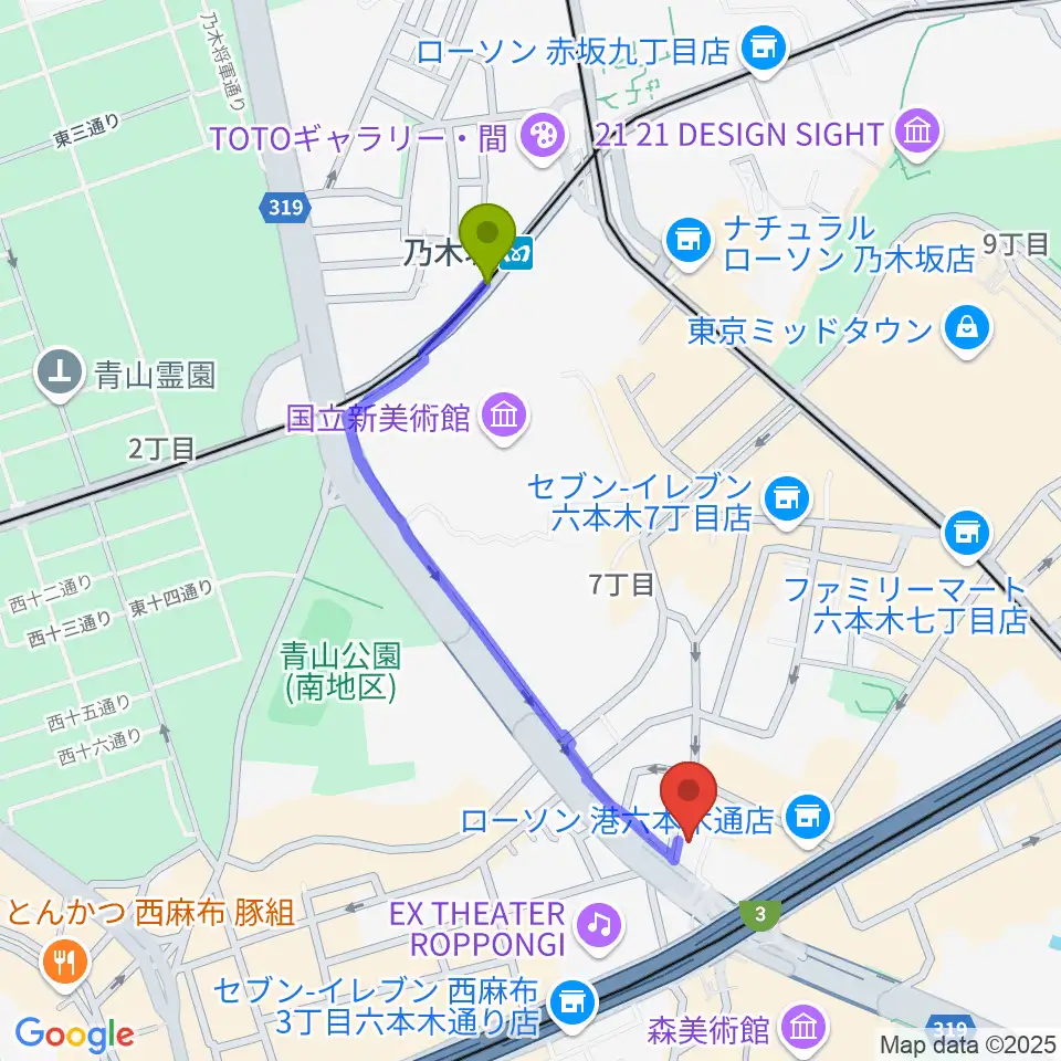 乃木坂駅からクロスコ六本木スタジオへのルートマップ地図