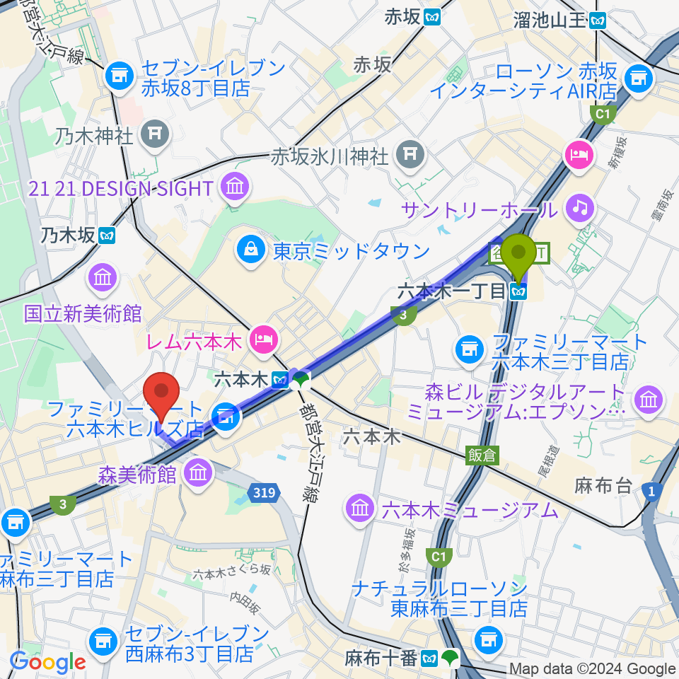 六本木一丁目駅からクロスコ六本木スタジオへのルートマップ地図