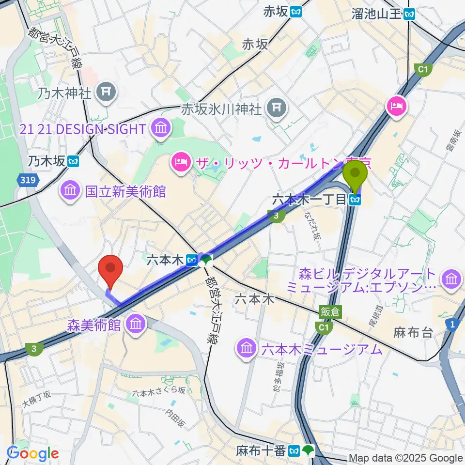 六本木一丁目駅からクロスコ六本木スタジオへのルートマップ地図