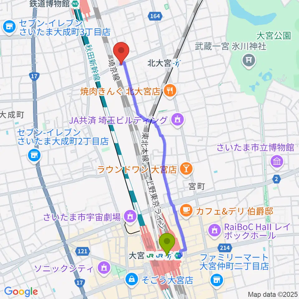 大宮駅からパンダスタジオさいたまへのルートマップ地図