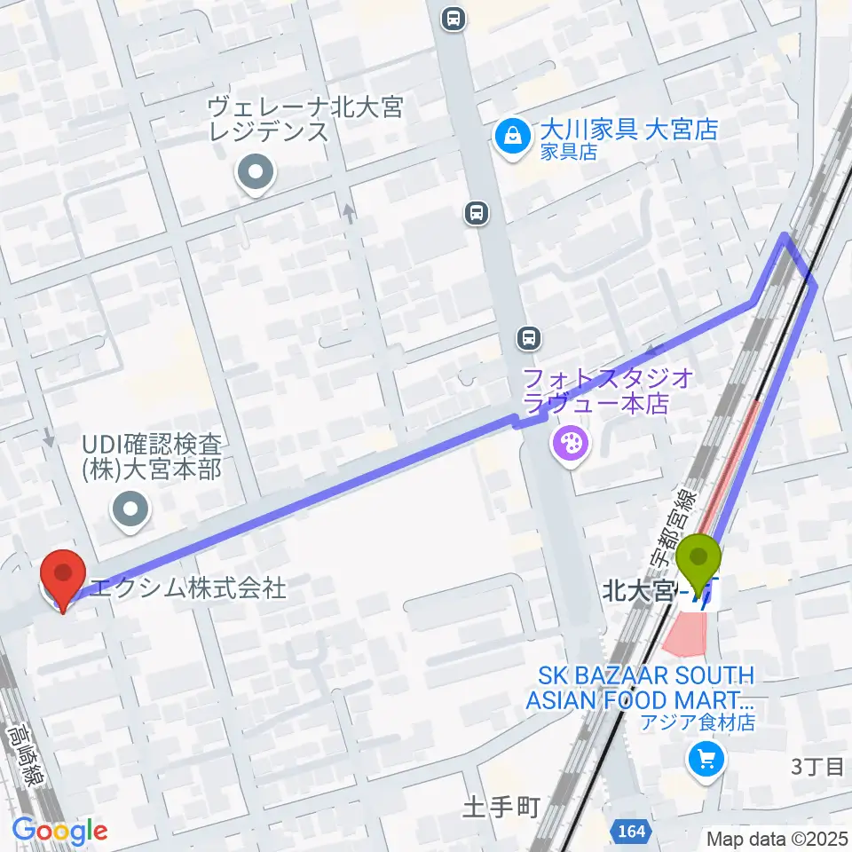 パンダスタジオさいたまの最寄駅北大宮駅からの徒歩ルート（約6分）地図