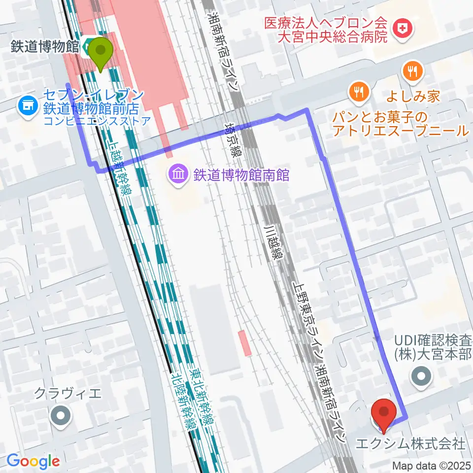 鉄道博物館駅からパンダスタジオさいたまへのルートマップ地図