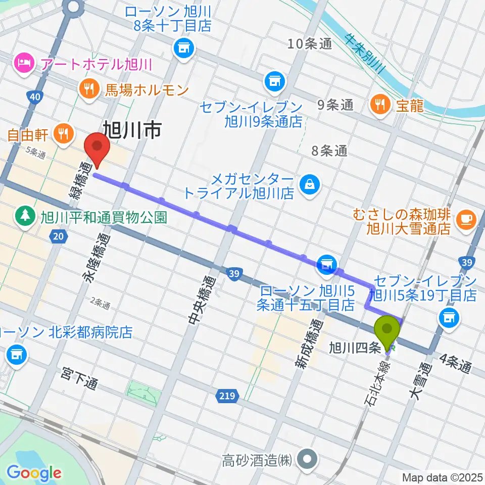 旭川四条駅からカワイ旭川ショップへのルートマップ地図