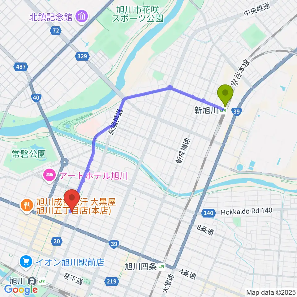 新旭川駅からカワイ旭川ショップへのルートマップ地図