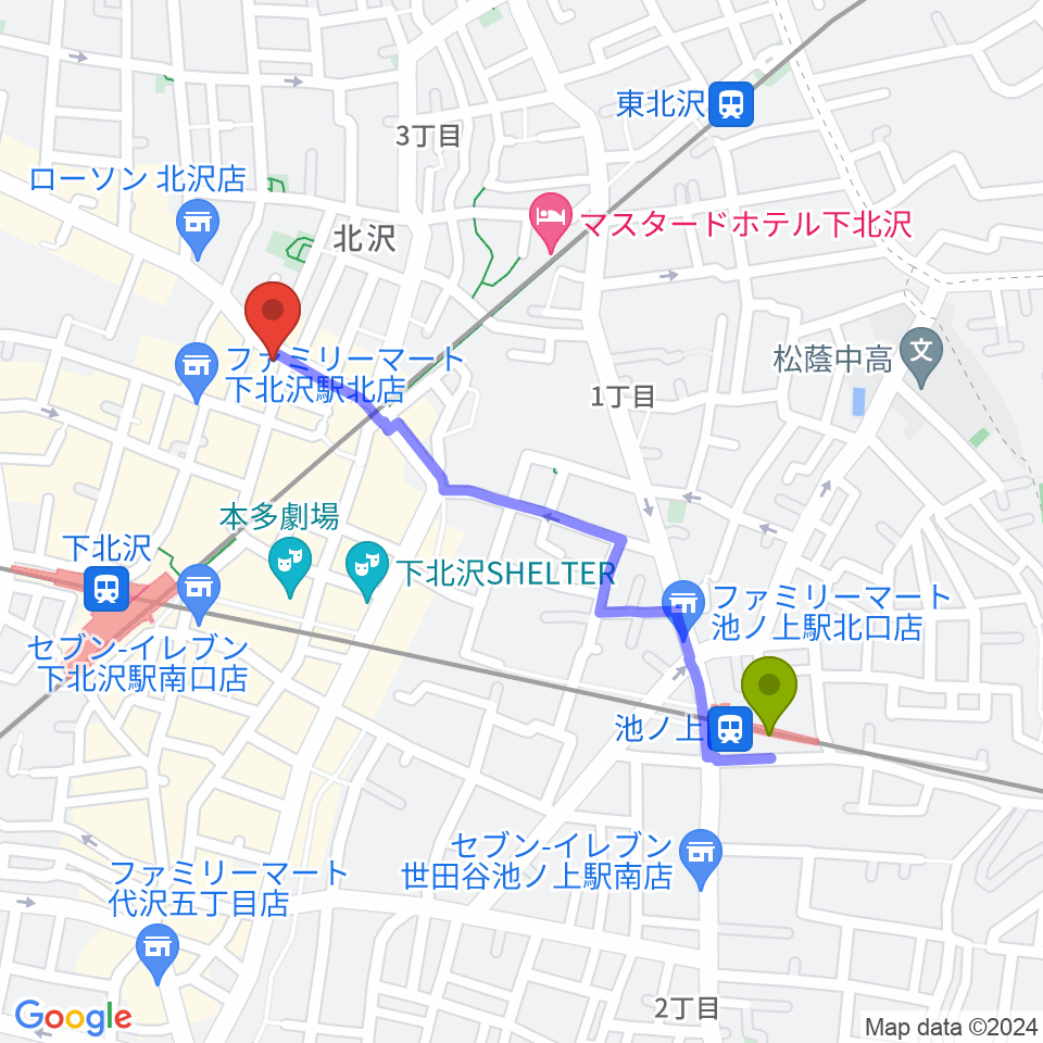 池ノ上駅から下北沢ラウンへのルートマップ地図