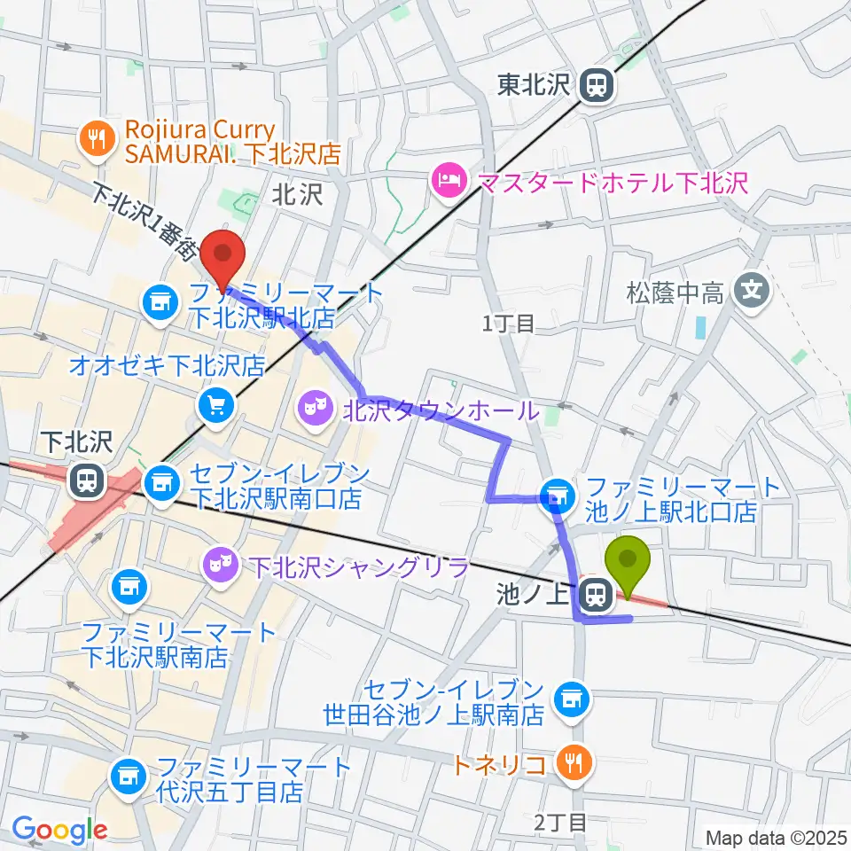 池ノ上駅から下北沢ラウンへのルートマップ地図