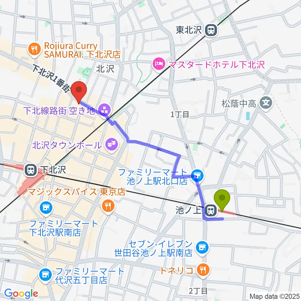 池ノ上駅から下北沢ラウンへのルートマップ地図