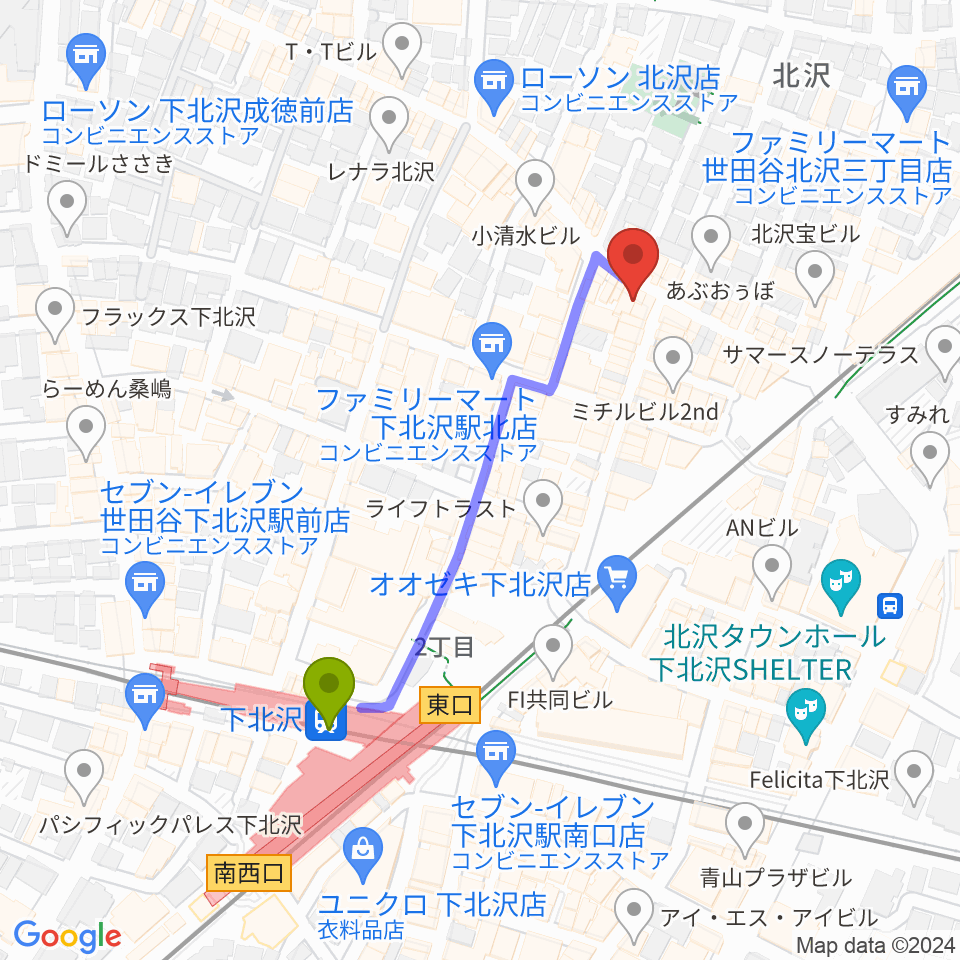 下北沢ラウンの最寄駅下北沢駅からの徒歩ルート（約4分）地図
