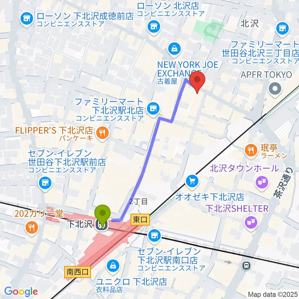 下北沢ラウンの最寄駅下北沢駅からの徒歩ルート（約4分）地図