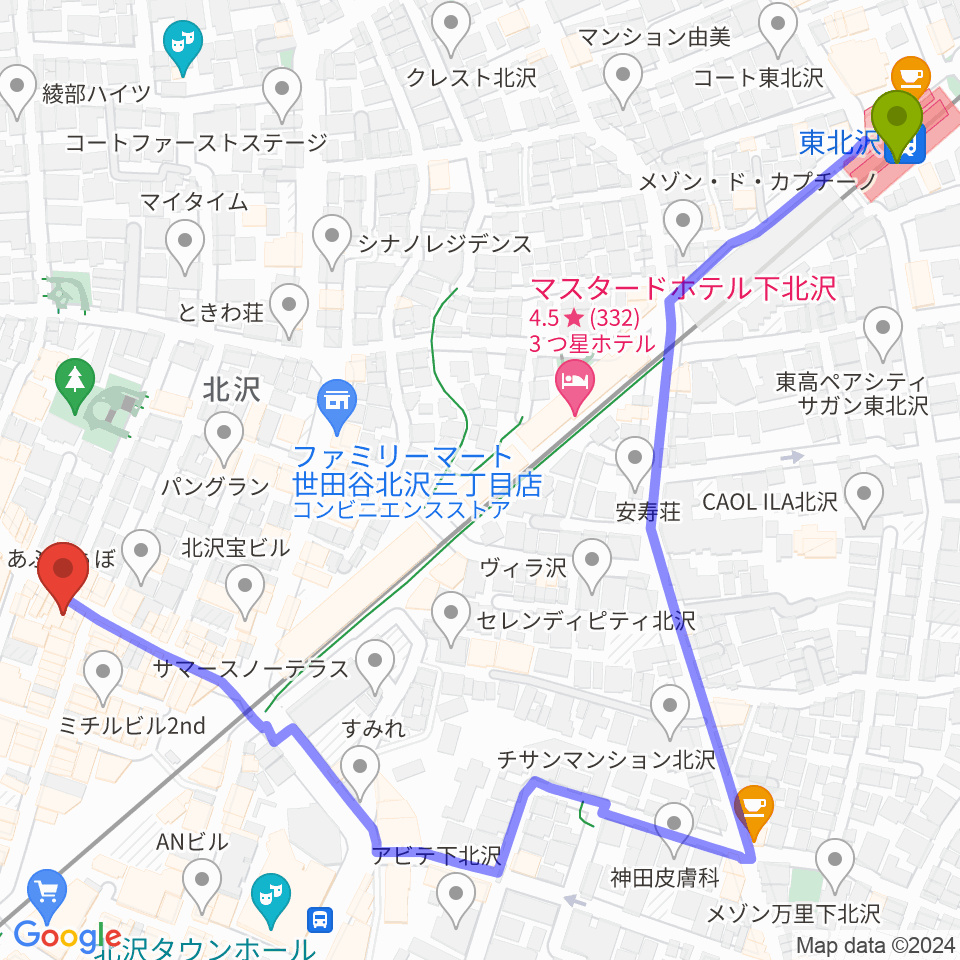 東北沢駅から下北沢ラウンへのルートマップ地図