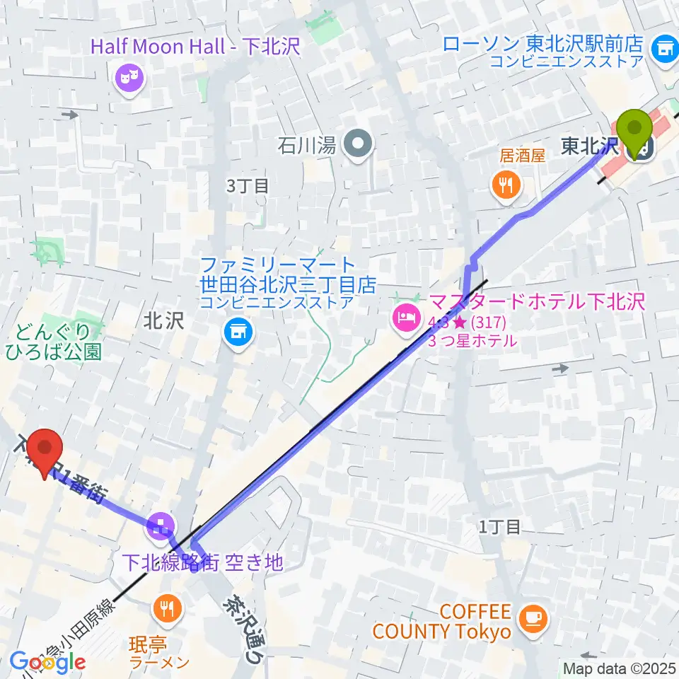 東北沢駅から下北沢ラウンへのルートマップ地図