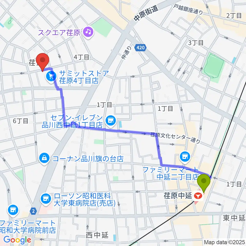 荏原中延駅からスタジオエルヴールへのルートマップ地図