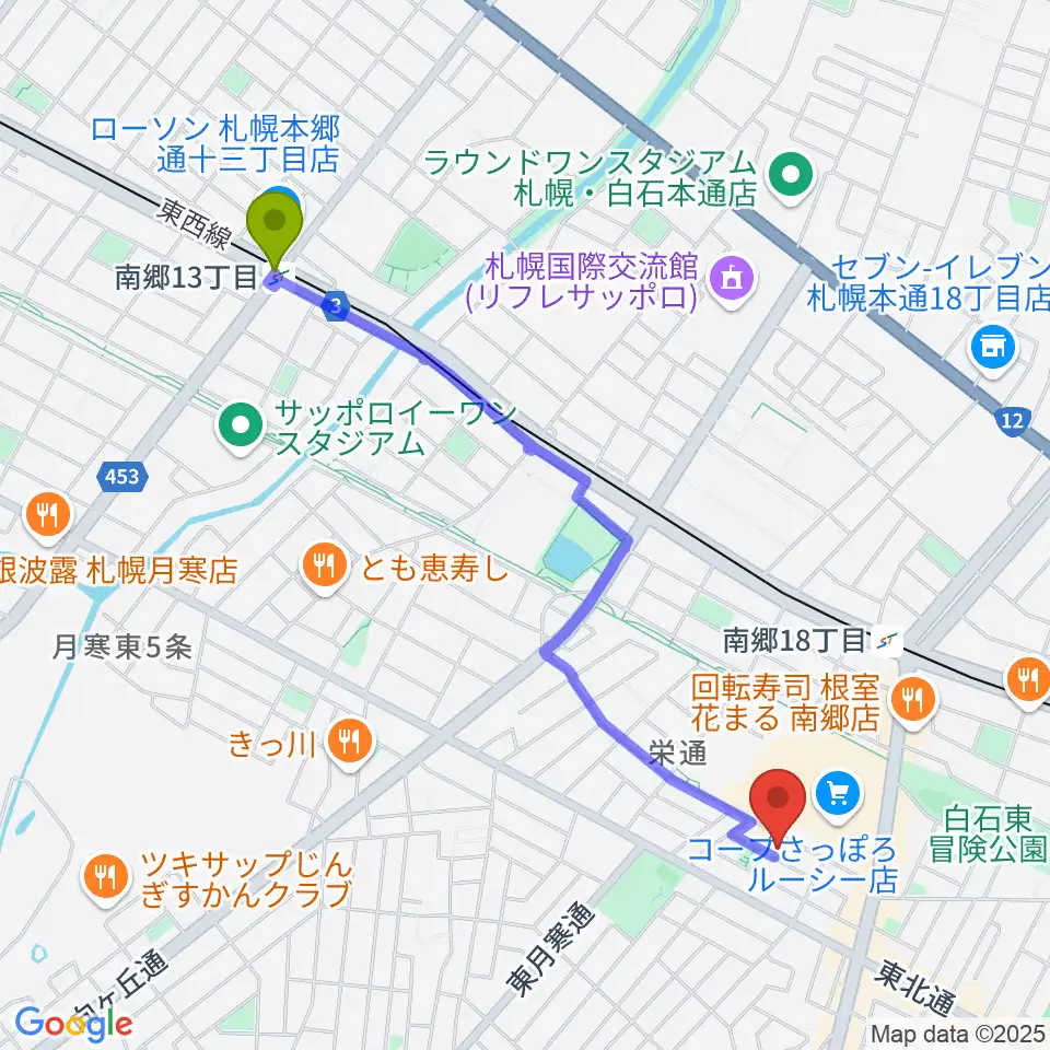 南郷１３丁目駅から井上ピアノ調律事務所へのルートマップ地図