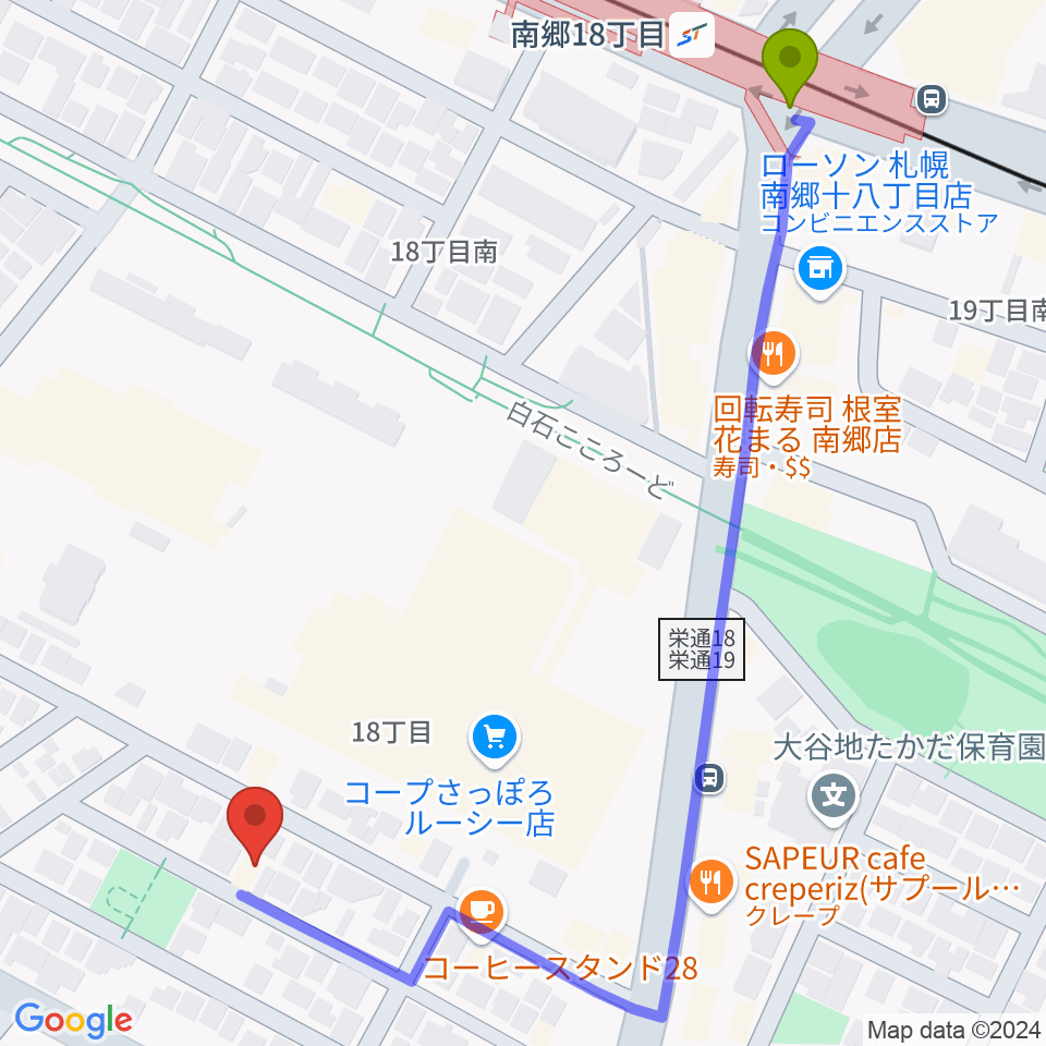 井上ピアノ調律事務所の最寄駅南郷１８丁目駅からの徒歩ルート（約6分）地図