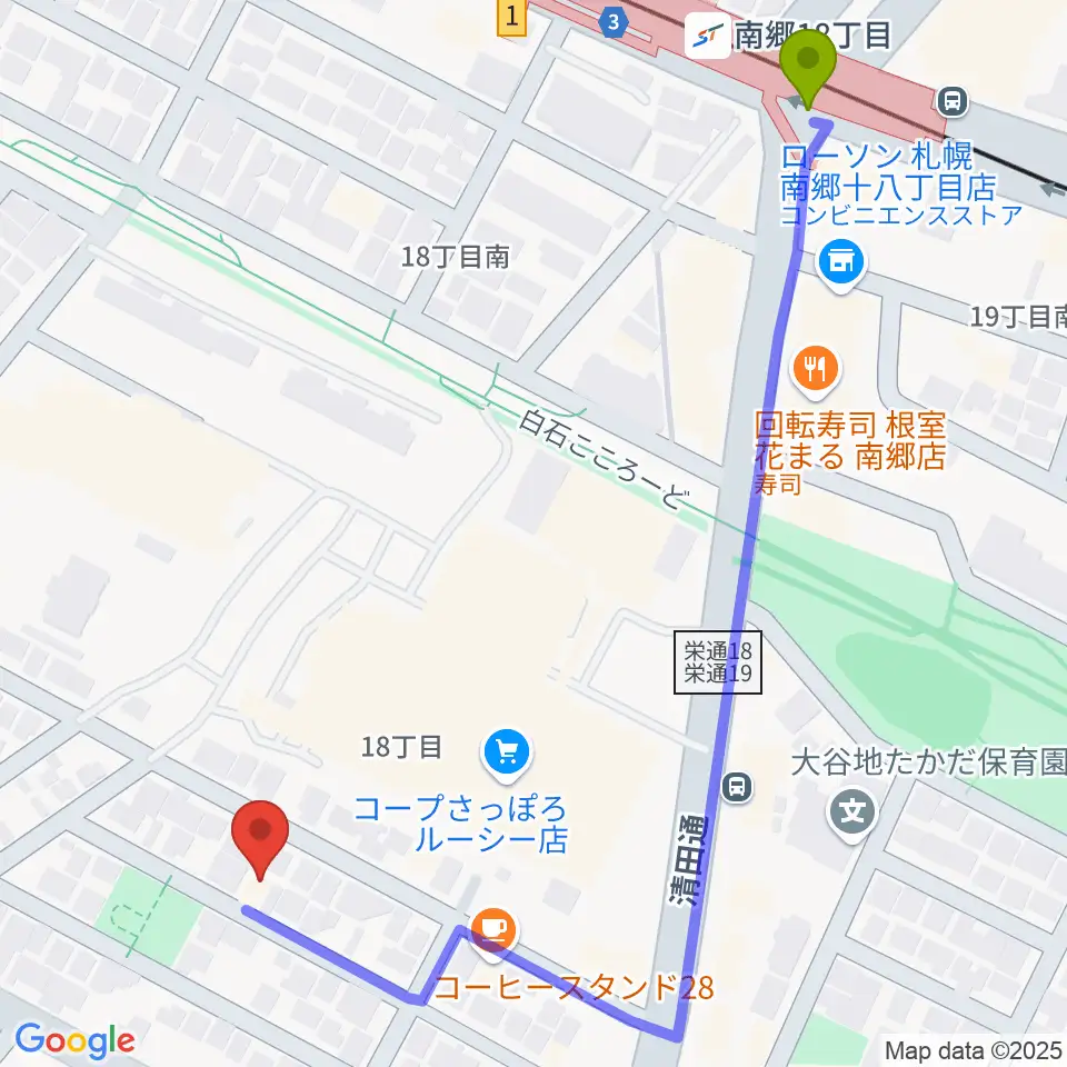 井上ピアノ調律事務所の最寄駅南郷１８丁目駅からの徒歩ルート（約6分）地図