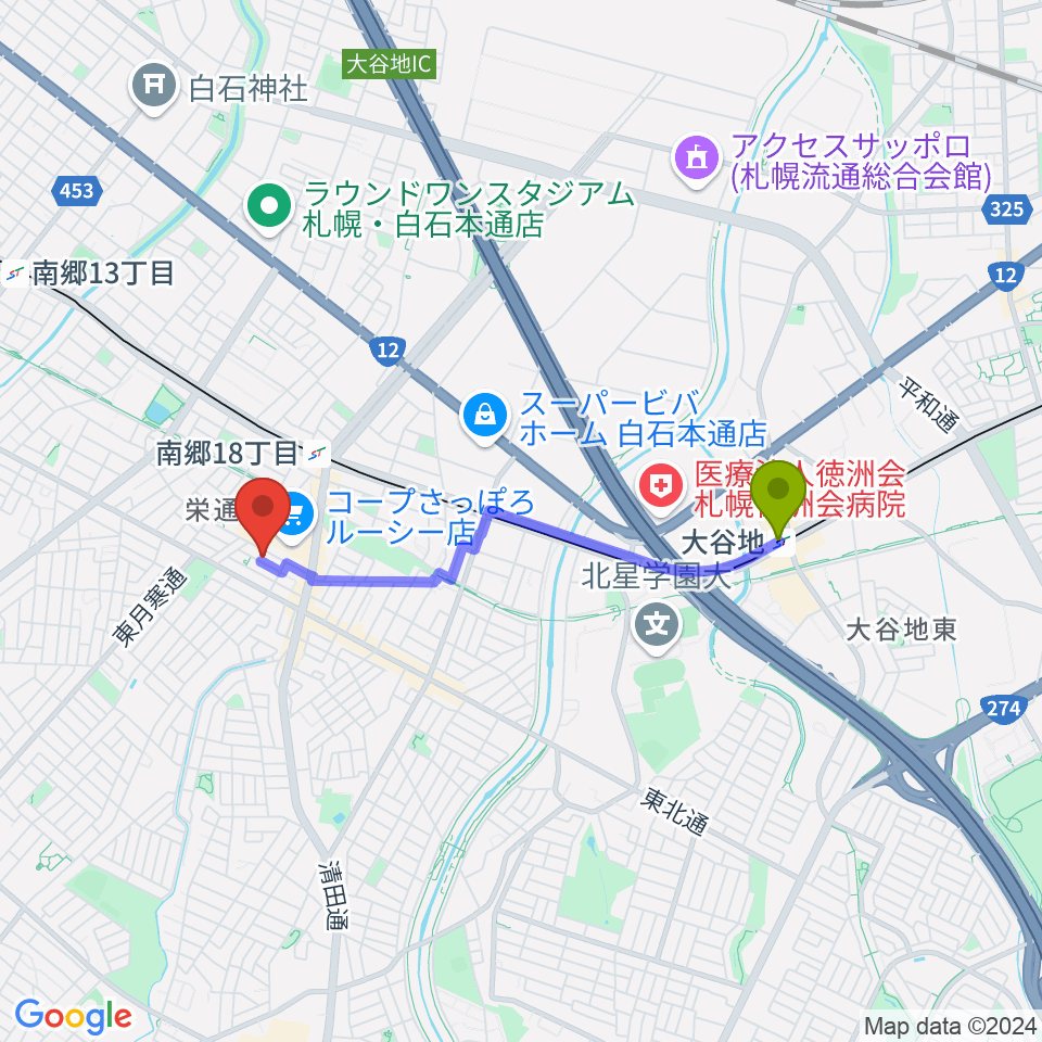 大谷地駅から井上ピアノ調律事務所へのルートマップ地図