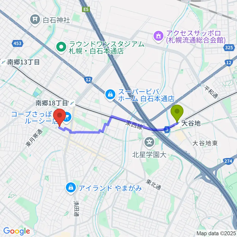 大谷地駅から井上ピアノ調律事務所へのルートマップ地図