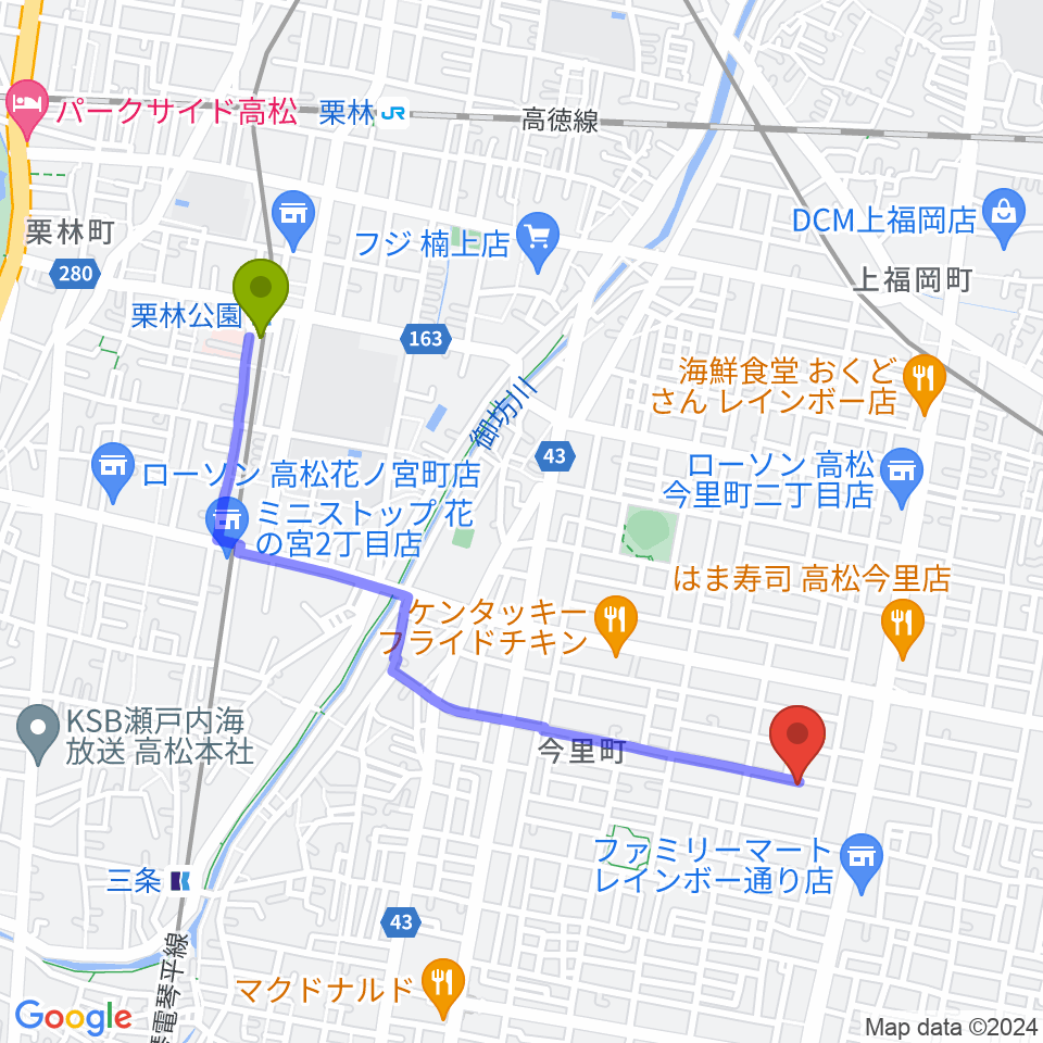 栗林公園駅からM-studioへのルートマップ地図