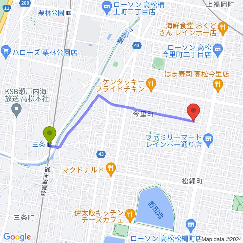 三条駅からM-studioへのルートマップ地図