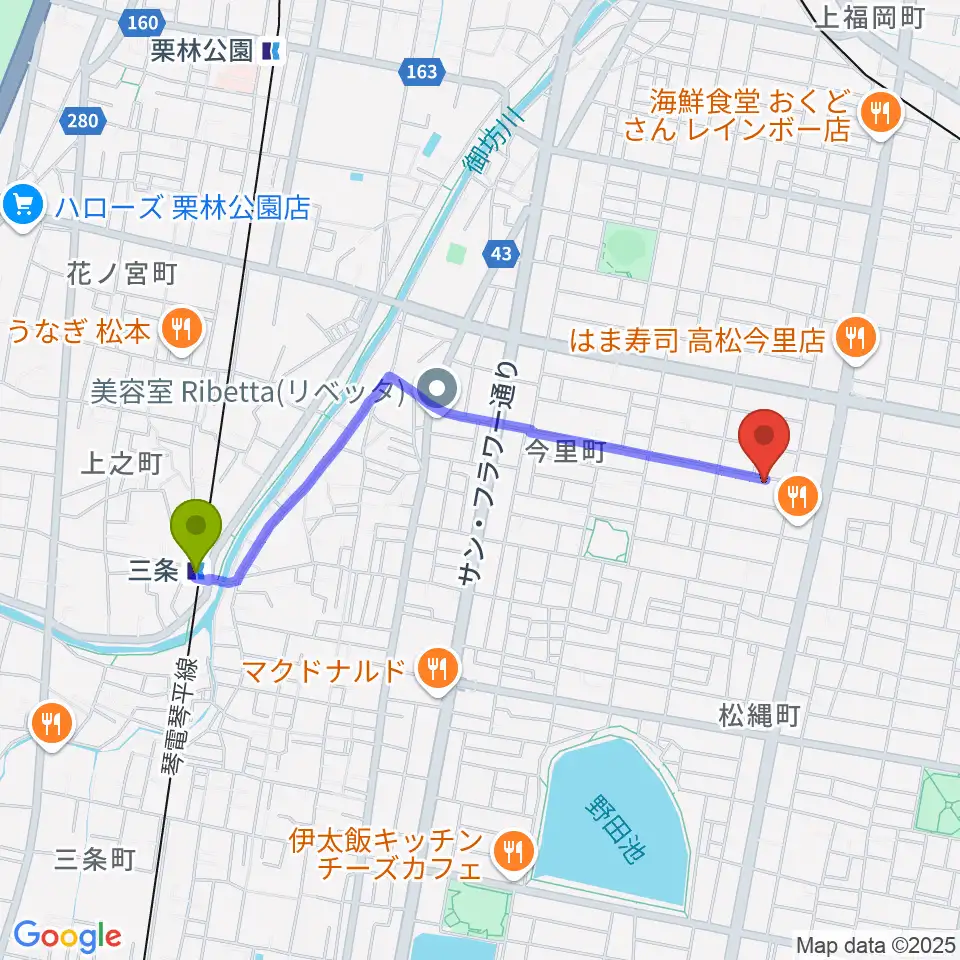 三条駅からM-studioへのルートマップ地図