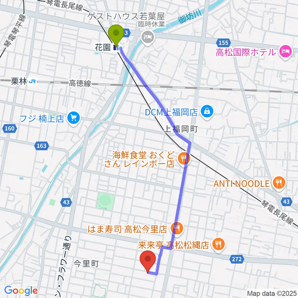 花園駅からM-studioへのルートマップ地図
