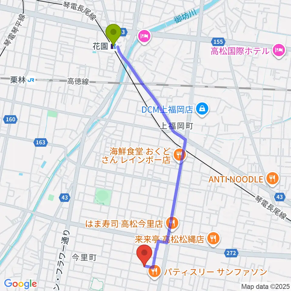 花園駅からM-studioへのルートマップ地図
