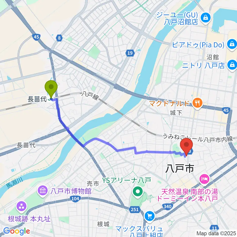 長苗代駅からグルーヴィン楽器へのルートマップ地図